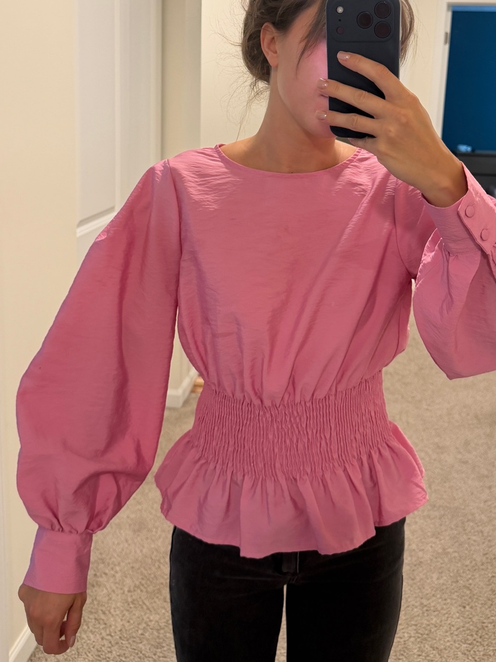 Topshop Pink Long-Sleeve Puff-Sleeve Smocked Waist Blouse Dress
